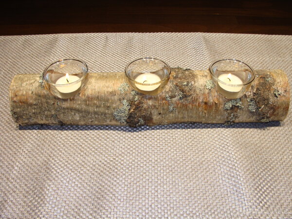 3er Teelichthalter Birke mit Glas und Teelicht